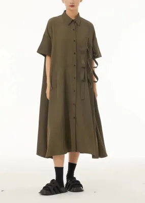 Army Green Patchwork Cotton Shirt Dresses Oversized Original Design Summer LC0144