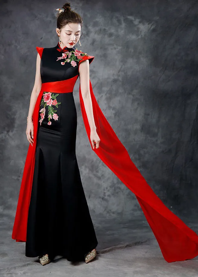 Beautiful Black Red Stand Collar Embroideried Ribbon Silk Maxi Fishtail Dresses Summer ML1515