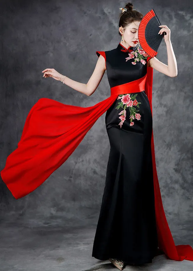 Beautiful Black Red Stand Collar Embroideried Ribbon Silk Maxi Fishtail Dresses Summer ML1515