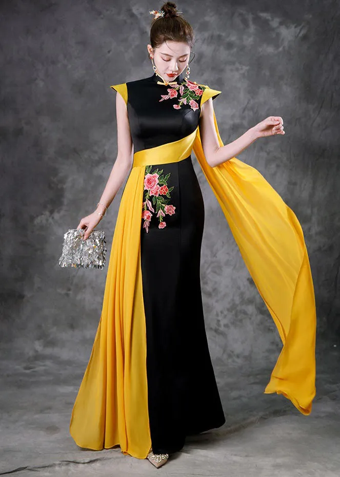 Beautiful Black Red Stand Collar Embroideried Ribbon Silk Maxi Fishtail Dresses Summer ML1515