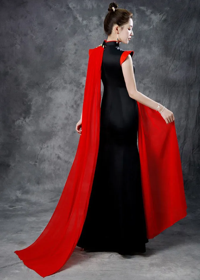 Beautiful Black Red Stand Collar Embroideried Ribbon Silk Maxi Fishtail Dresses Summer ML1515