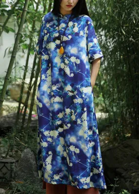 Beautiful Blue Print Pockets Linen Long Dresses Short Sleeve ML0088