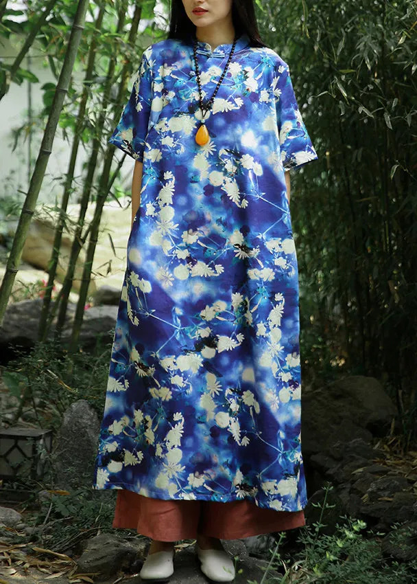 Beautiful Blue Print Pockets Linen Long Dresses Short Sleeve ML0088