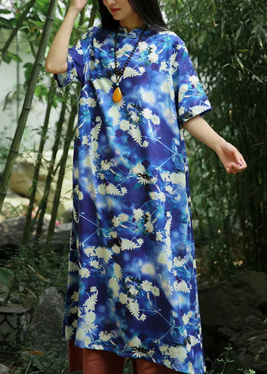 Beautiful Blue Print Pockets Linen Long Dresses Short Sleeve ML0088