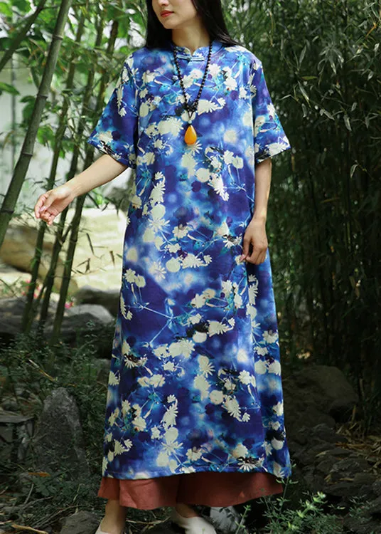 Beautiful Blue Print Pockets Linen Long Dresses Short Sleeve ML0088