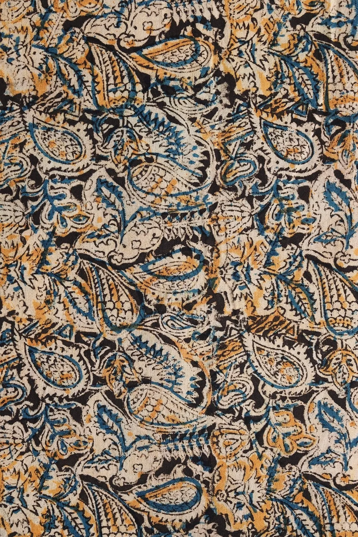 Black And Beige Floral Pattern Handblock Kalamkari Organic Cotton Fabric