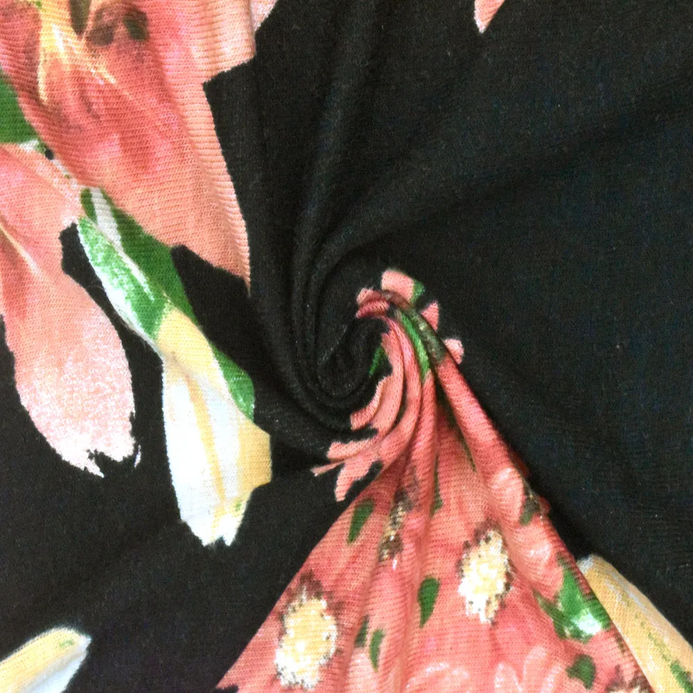 Black-Apricot-Multi Floral Printed Rayon Stretch Jersey Knit Fabric