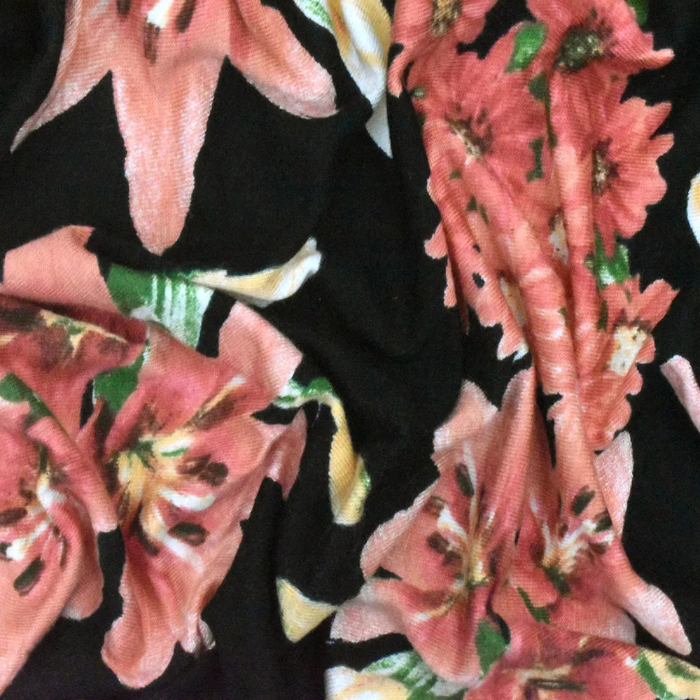 Black-Apricot-Multi Floral Printed Rayon Stretch Jersey Knit Fabric