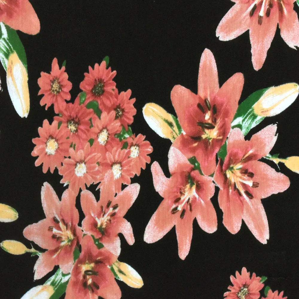 Black-Apricot-Multi Floral Printed Rayon Stretch Jersey Knit Fabric