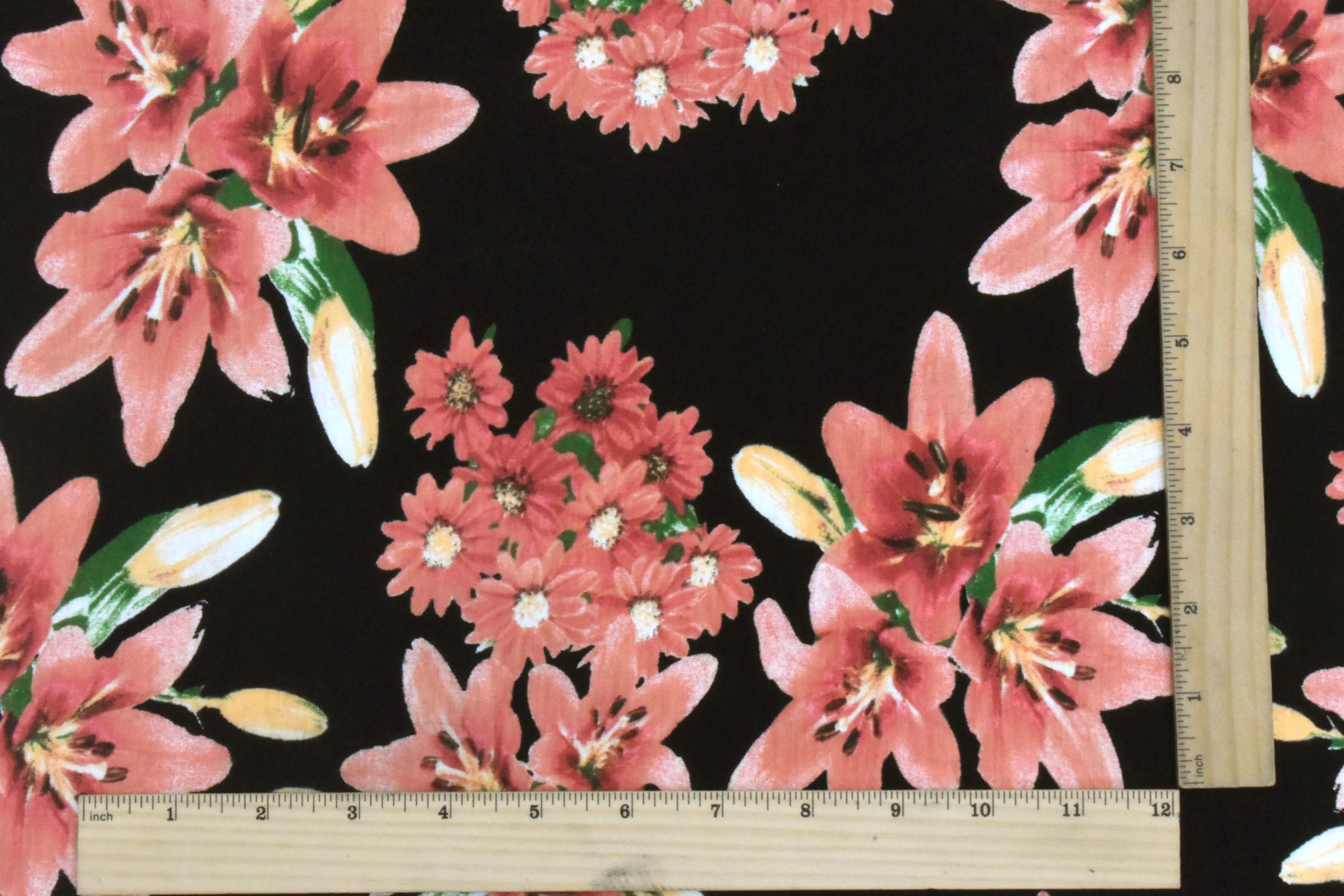 Black-Apricot-Multi Floral Printed Rayon Stretch Jersey Knit Fabric