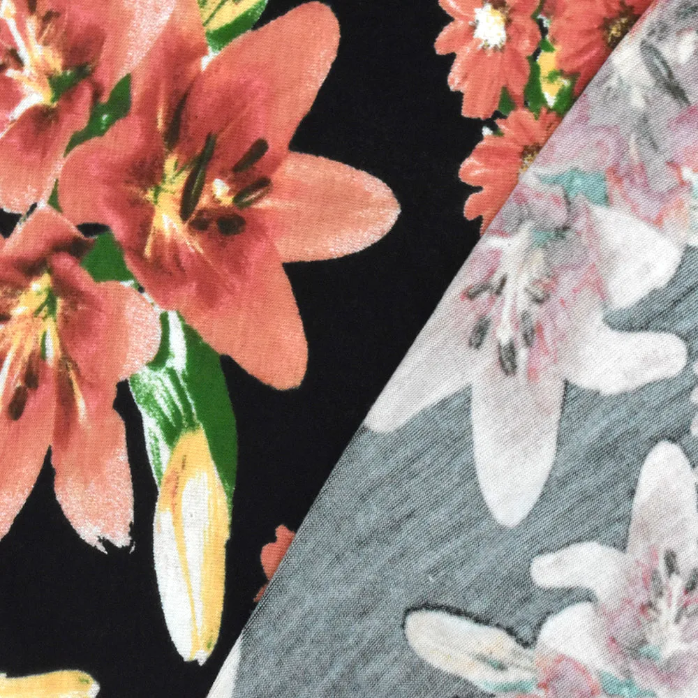 Black-Apricot-Multi Floral Printed Rayon Stretch Jersey Knit Fabric