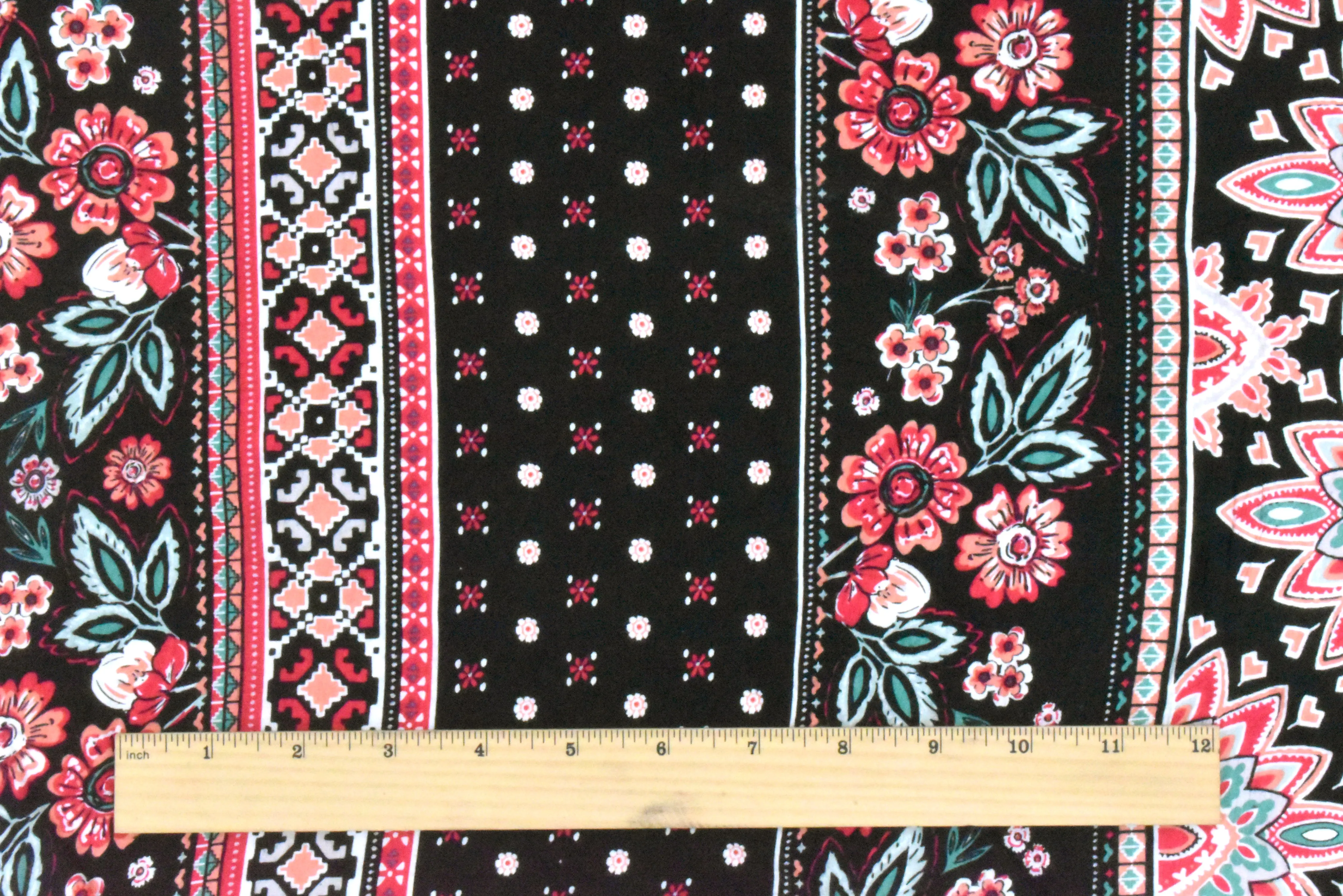 Black-Coral-Multi Mix Stripe Floral Print Rayon Stretch Jersey Knit Fabric