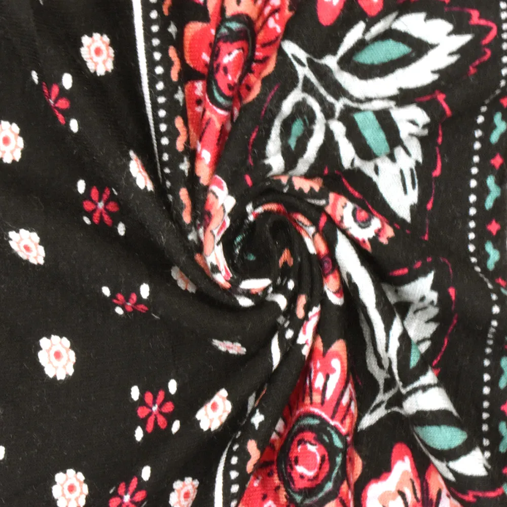 Black-Coral-Multi Mix Stripe Floral Print Rayon Stretch Jersey Knit Fabric