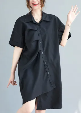 Black Cotton Vacation Dresses Asymmetrical Wrinkled Summer AC2079