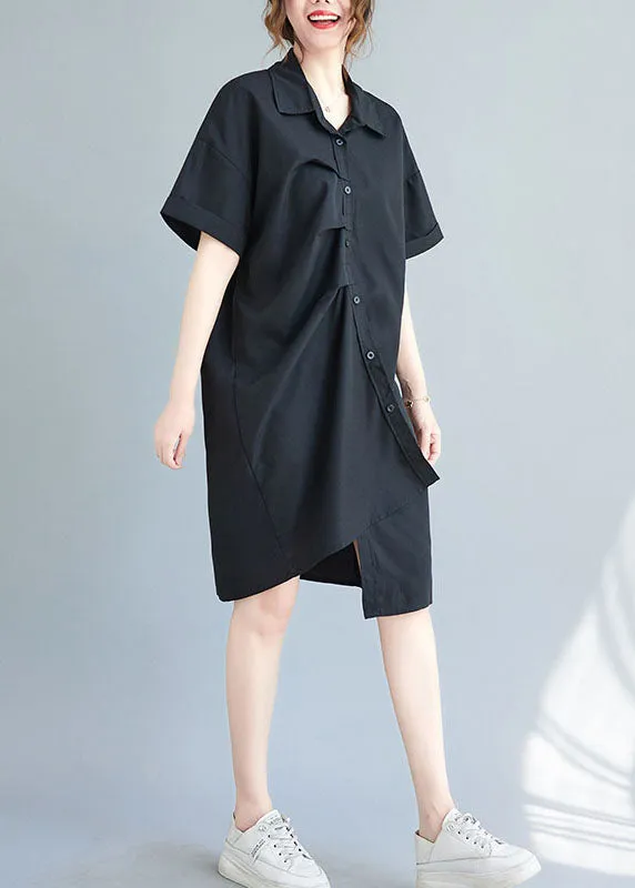 Black Cotton Vacation Dresses Asymmetrical Wrinkled Summer AC2079