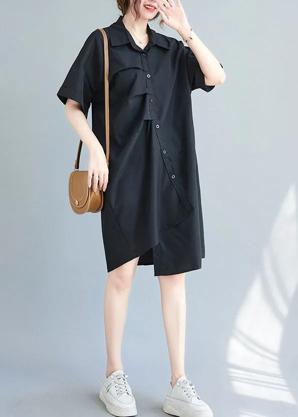 Black Cotton Vacation Dresses Asymmetrical Wrinkled Summer AC2079