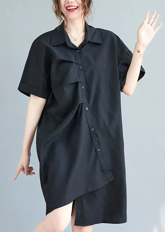 Black Cotton Vacation Dresses Asymmetrical Wrinkled Summer LY0655