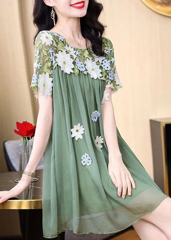 Boho Green O-Neck Embroideried Patchwork Tulle Mid Dresses Short SleeveTI1042