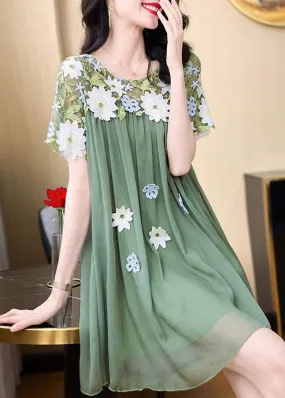 Boho Green O-Neck Embroideried Patchwork Tulle Mid Dresses Short SleeveTI1042