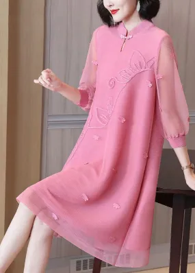 Boho Pink Mandarin Collar Patchwork Floral Maxi Dresses Summer LY2783