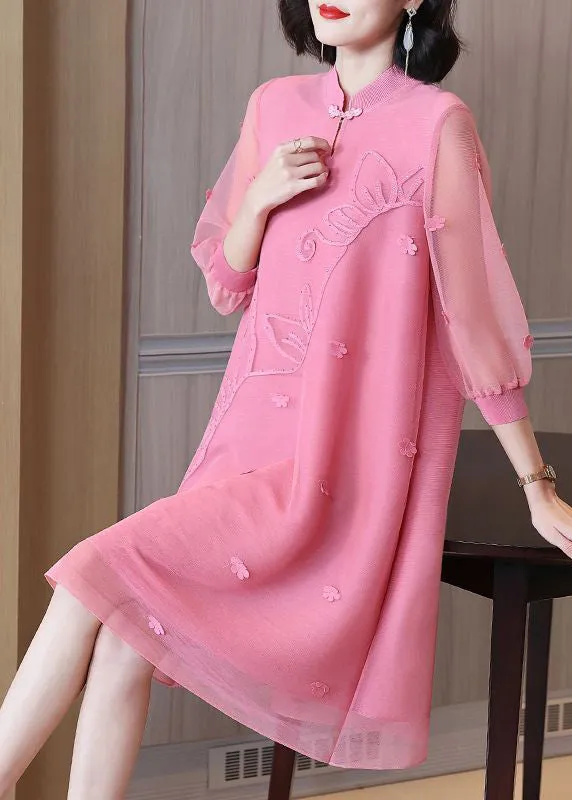 Boho Pink Mandarin Collar Patchwork Floral Maxi Dresses Summer LY2783