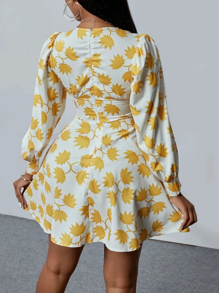 Bonnyshow  Plus Size Women Dresses Floral Print A Line Dress Long sleeve causal V Neck Mini Dress Autumn NEW office Elegant dress