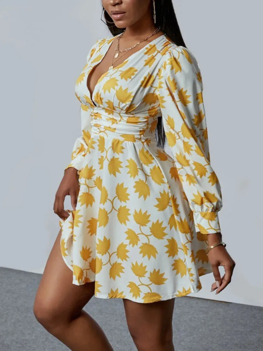 Bonnyshow  Plus Size Women Dresses Floral Print A Line Dress Long sleeve causal V Neck Mini Dress Autumn NEW office Elegant dress