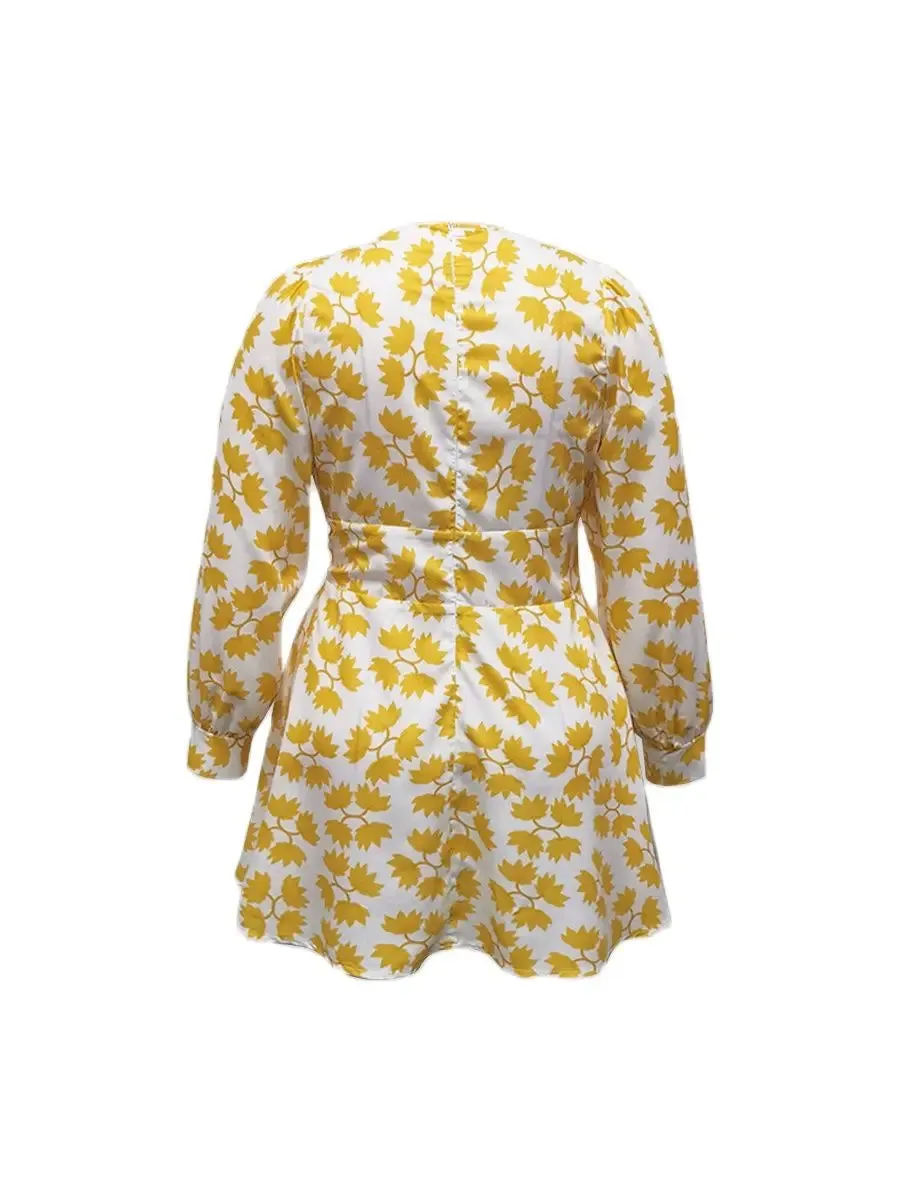 Bonnyshow  Plus Size Women Dresses Floral Print A Line Dress Long sleeve causal V Neck Mini Dress Autumn NEW office Elegant dress