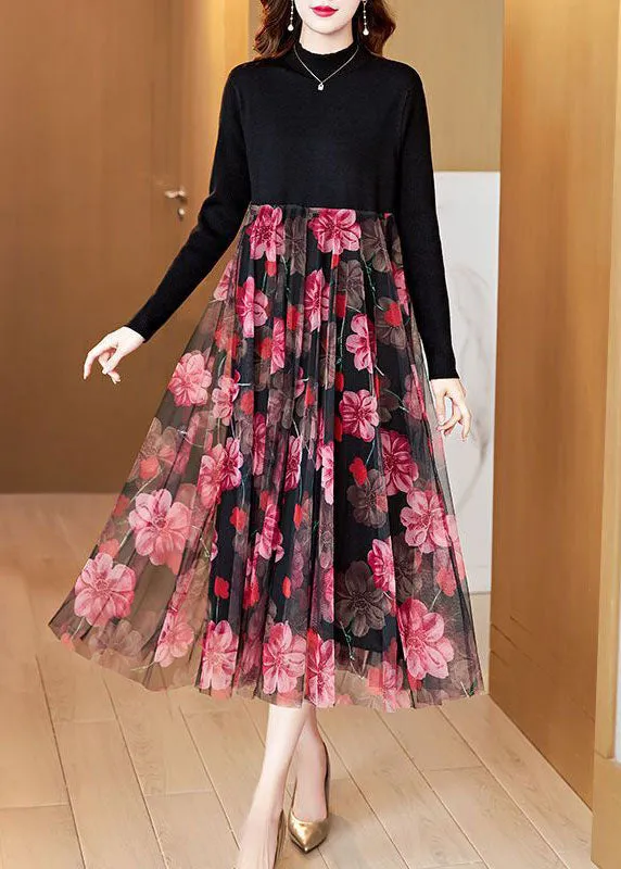 Boutique Black High Neck Patchwork Tulle Print Knit Maxi Dresses Spring AC2049