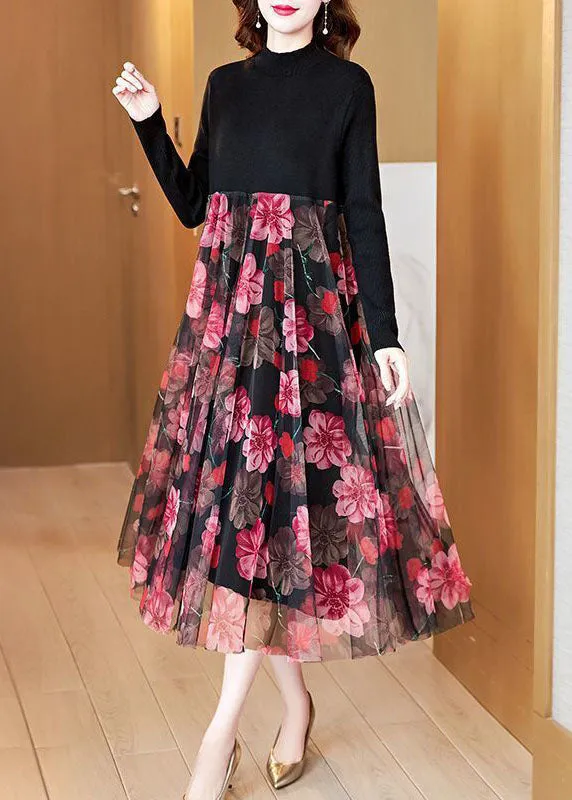 Boutique Black High Neck Patchwork Tulle Print Knit Maxi Dresses Spring AC2049