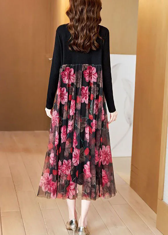 Boutique Black High Neck Patchwork Tulle Print Knit Maxi Dresses Spring AC2049