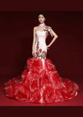 Boutique Red Embroideried Ruffled Tulle Bustier Dresses Sleeveless ML1620