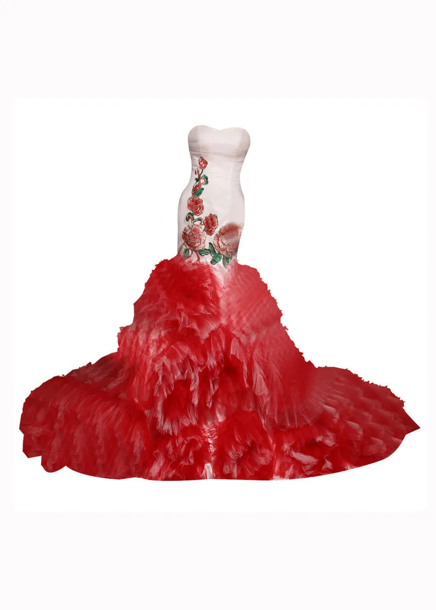 Boutique Red Embroideried Ruffled Tulle Bustier Dresses Sleeveless ML1620