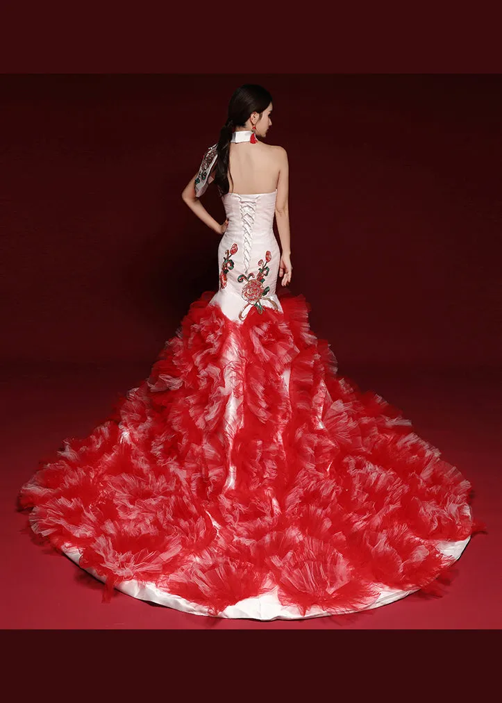 Boutique Red Embroideried Ruffled Tulle Bustier Dresses Sleeveless ML1620