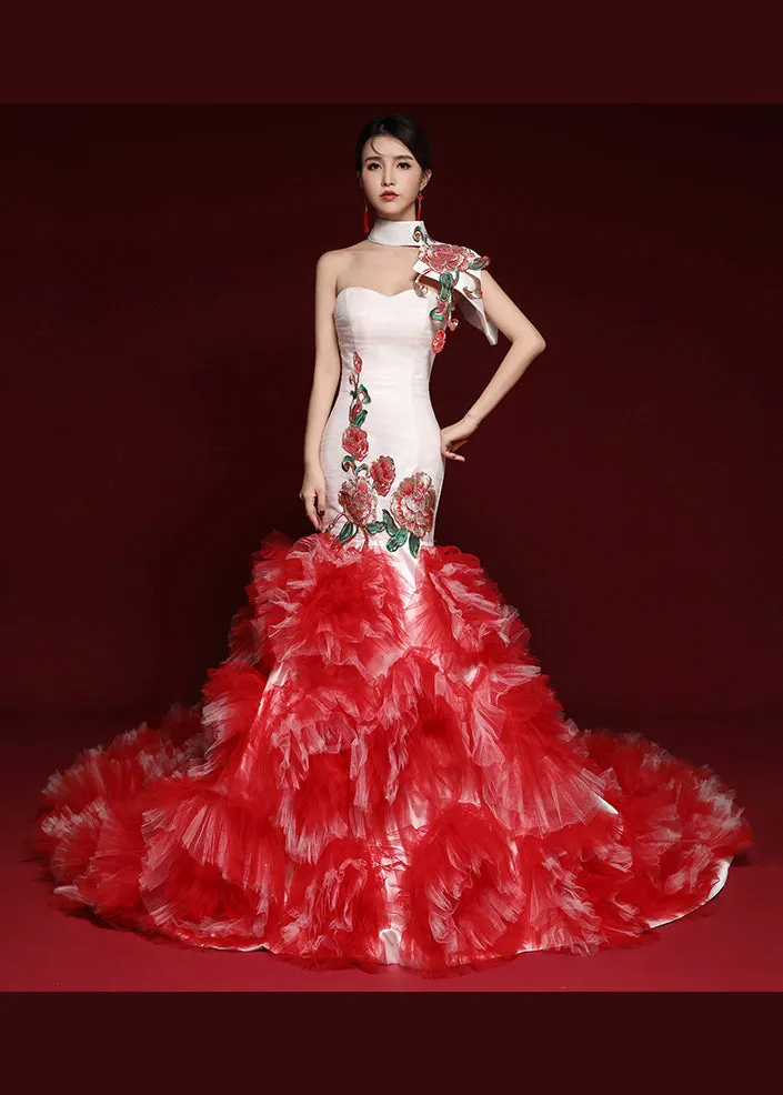 Boutique Red Embroideried Ruffled Tulle Bustier Dresses Sleeveless ML1620