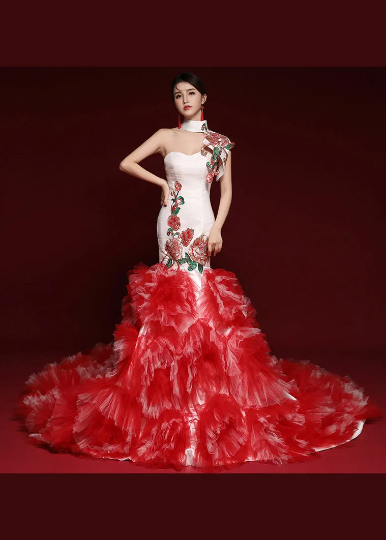 Boutique Red Embroideried Ruffled Tulle Bustier Dresses Sleeveless ML1620