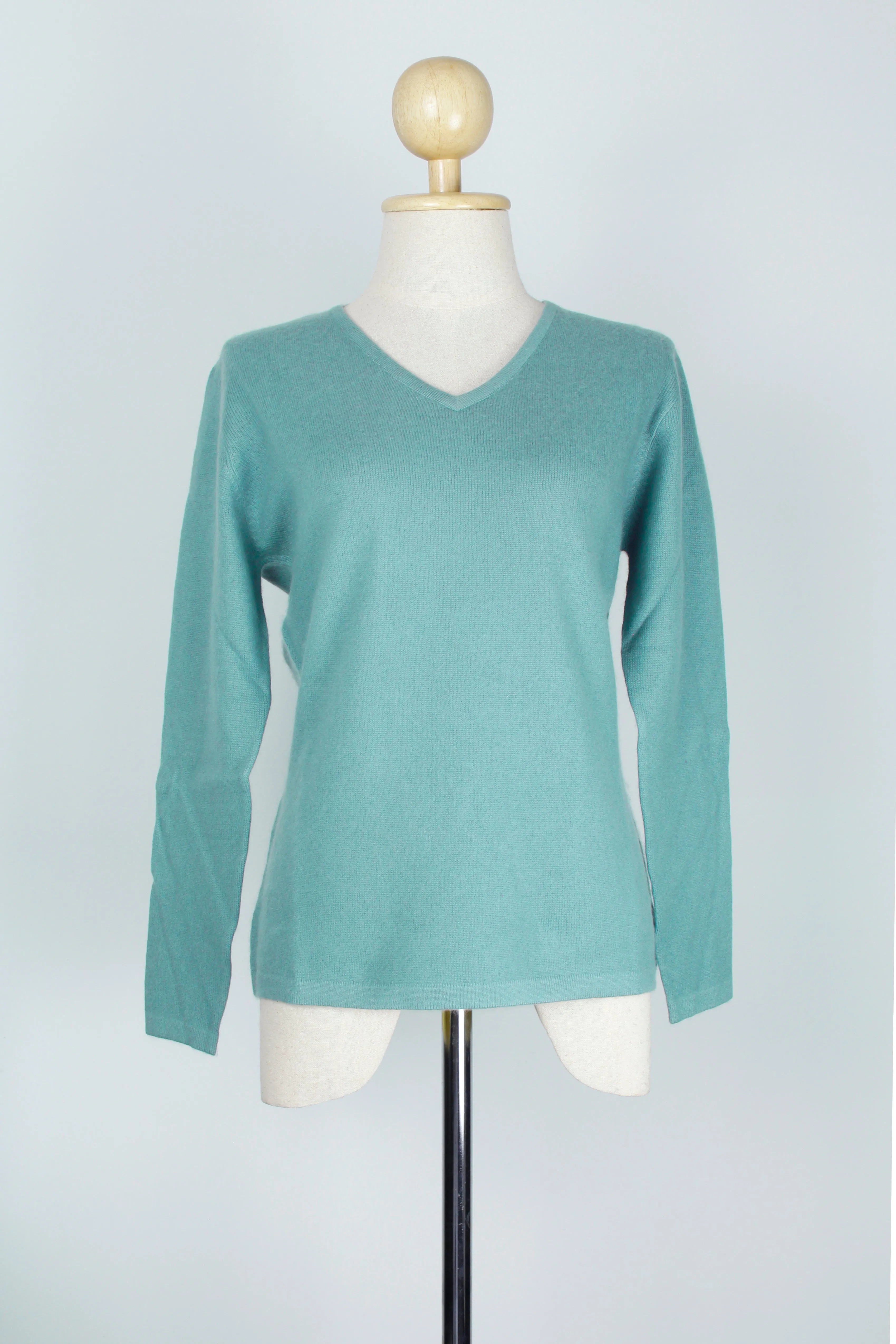 Cadet Blue V-Neck Cashmere Pullover Sweater For Women