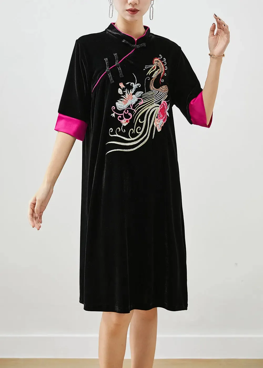 Classy Black Embroideried Silk Velour Dresses Half Sleeve ML0520