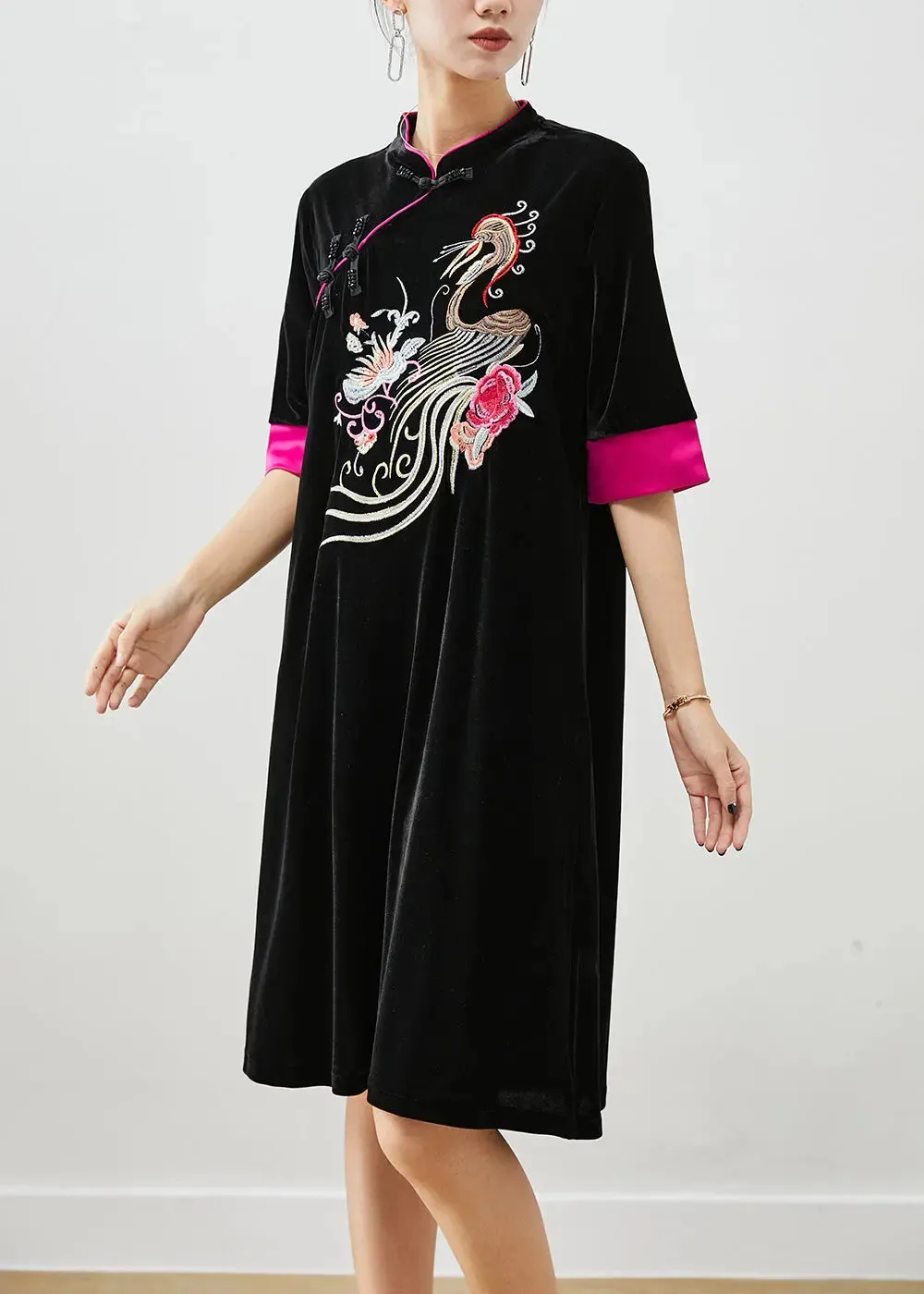 Classy Black Embroideried Silk Velour Dresses Half Sleeve ML0520