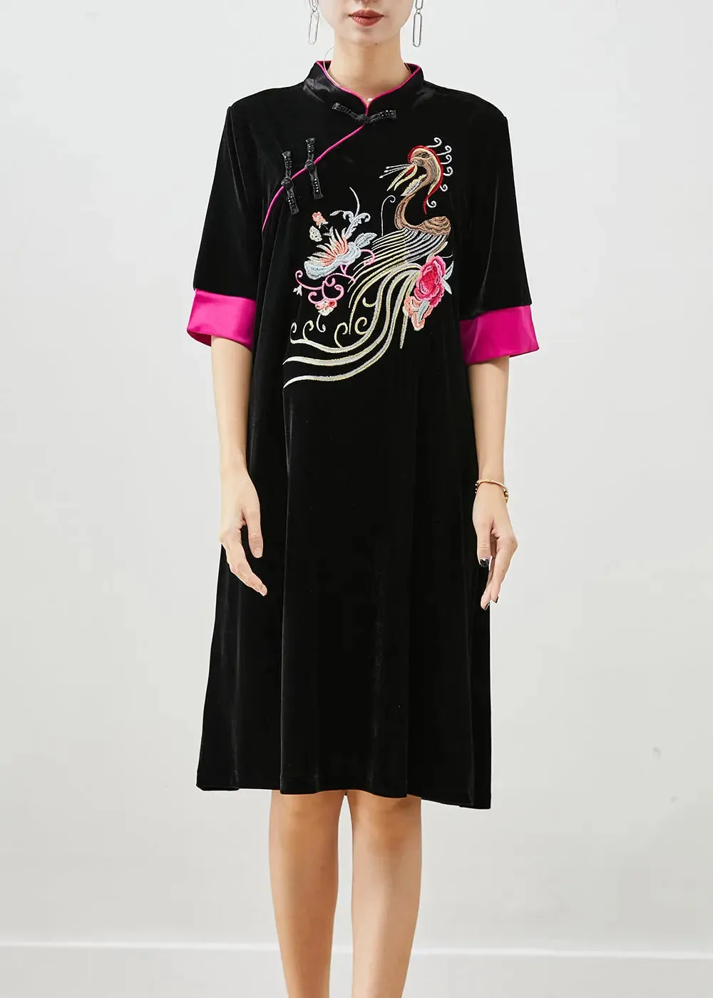 Classy Black Embroideried Silk Velour Dresses Half Sleeve ML0520