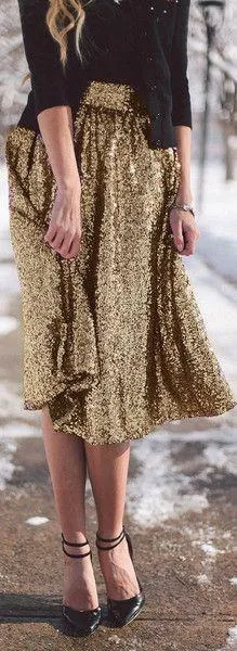 Clearance Sequin High Waist Flared Fashion Middle Skirt