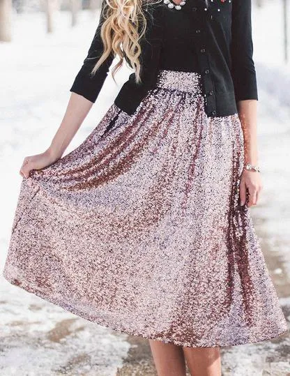 Clearance Sequin High Waist Flared Fashion Middle Skirt