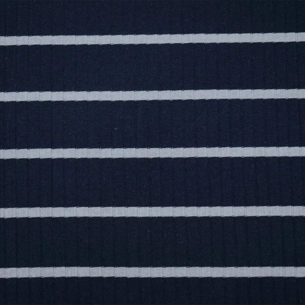 Deep Navy-White Cotton-Poly Stretch Spandex Stripe Rib Knit Fabric