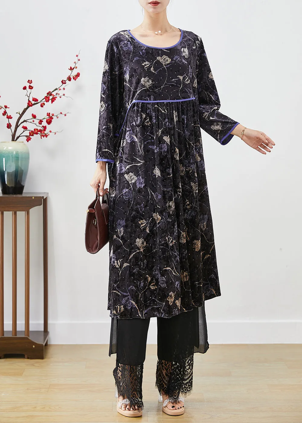 Diy Black Oversized Print Silk Velour Vacation Dresses Fall LY9877