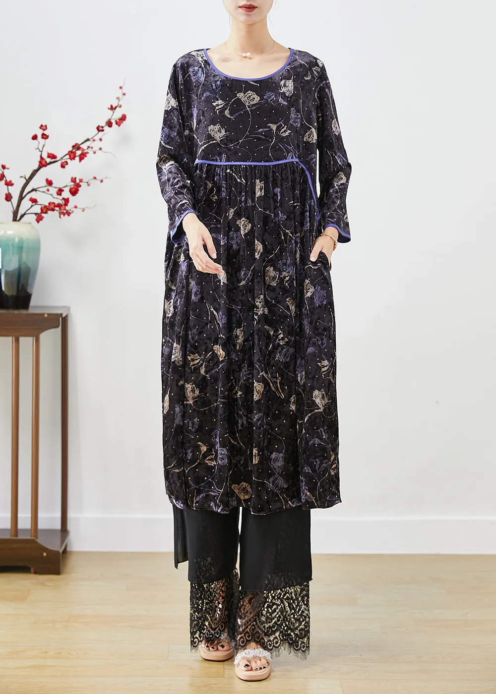 Diy Black Oversized Print Silk Velour Vacation Dresses Fall LY9877