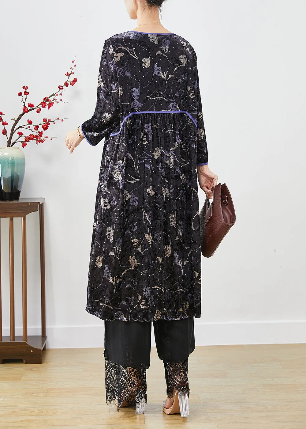 Diy Black Oversized Print Silk Velour Vacation Dresses Fall LY9877