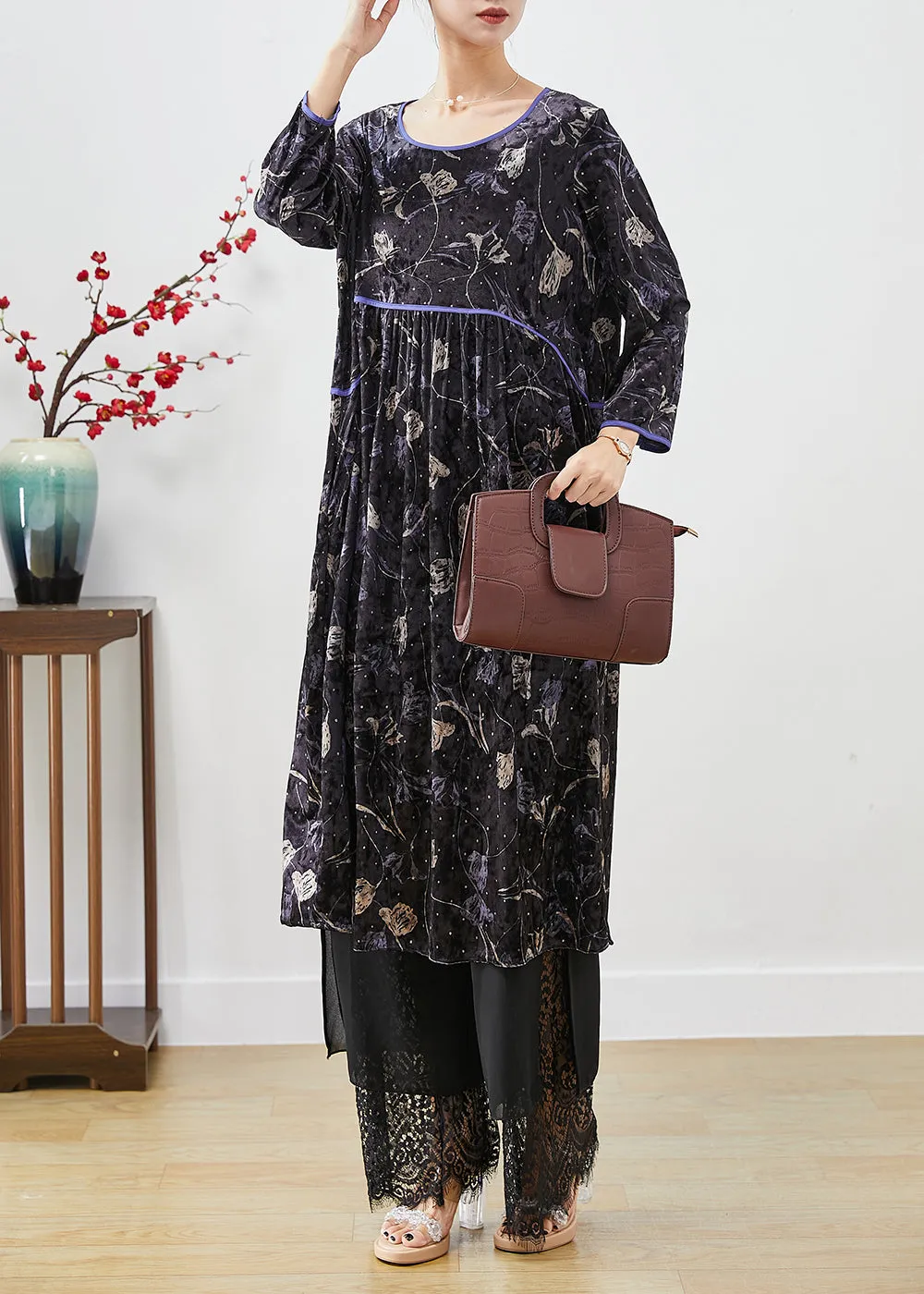 Diy Black Oversized Print Silk Velour Vacation Dresses Fall LY9877