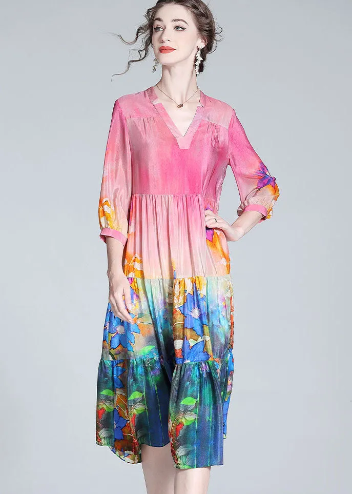 Elegant Colorblock V Neck Print Wrinkled Silk Dresses Bracelet Sleeve LY0991