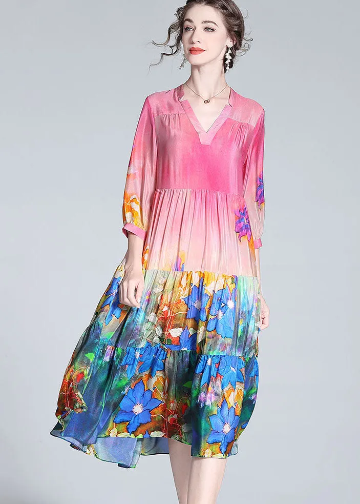 Elegant Colorblock V Neck Print Wrinkled Silk Dresses Bracelet Sleeve LY0991