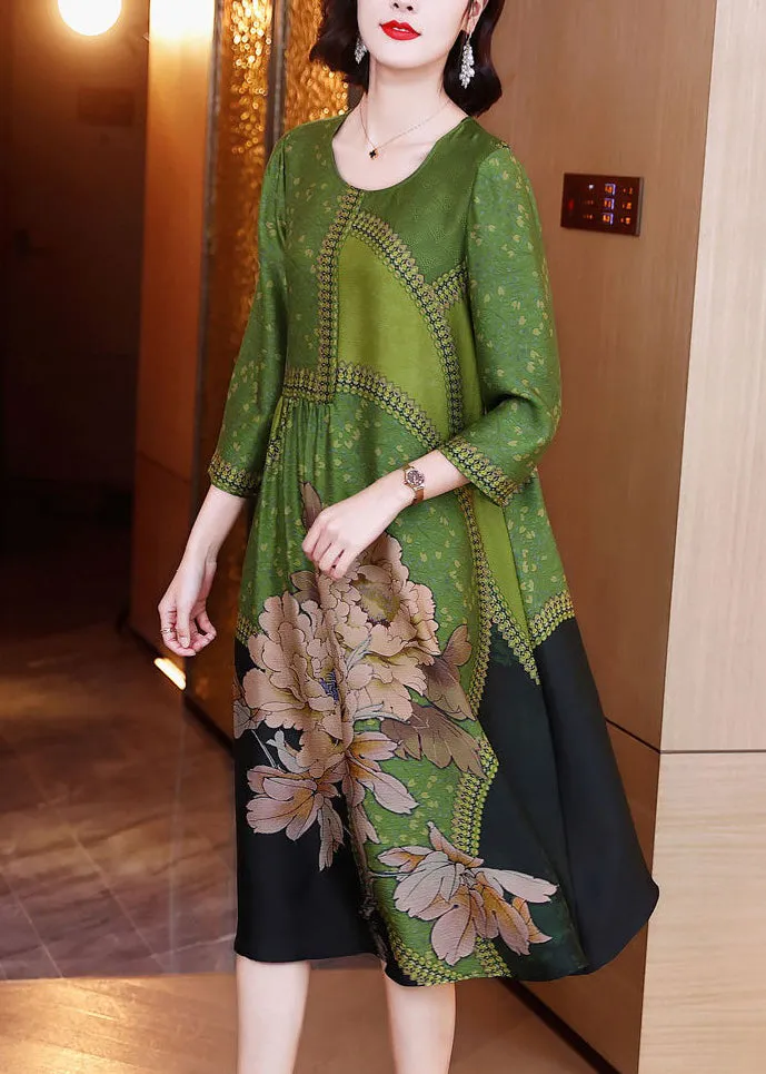 Elegant Green O Neck Print Patchwork Silk Long Dresses Spring OP1080